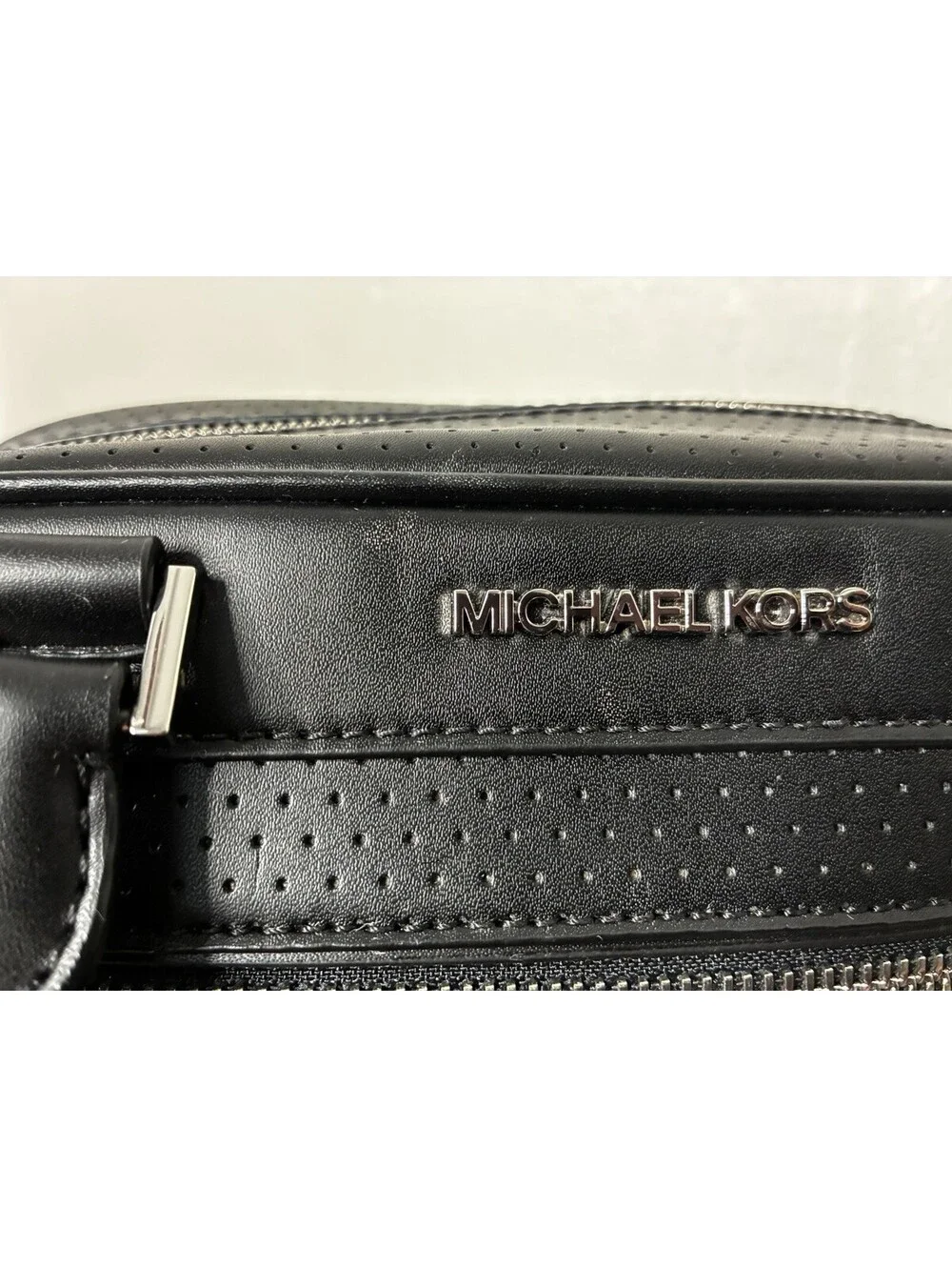 Michael Kors Hanover Black Perforated Leather Satchel Handbag Crossbody Strap